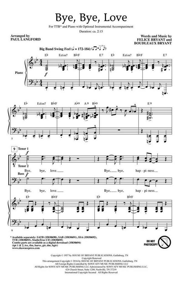 Bye, Bye Love&nbsp;&nbsp;TTB&nbsp;&nbsp;Chorpartitur