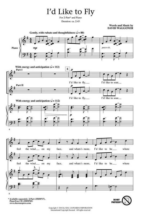 David Waggoner, I'd Like to Fly&nbsp;&nbsp;2-Part Choir&nbsp;&nbsp;Chorpartitur