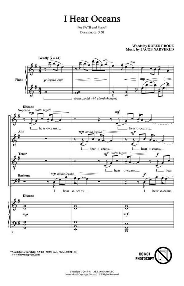 Jacob Narverud, I Hear Oceans&nbsp;&nbsp;SATB&nbsp;&nbsp;Chorpartitur