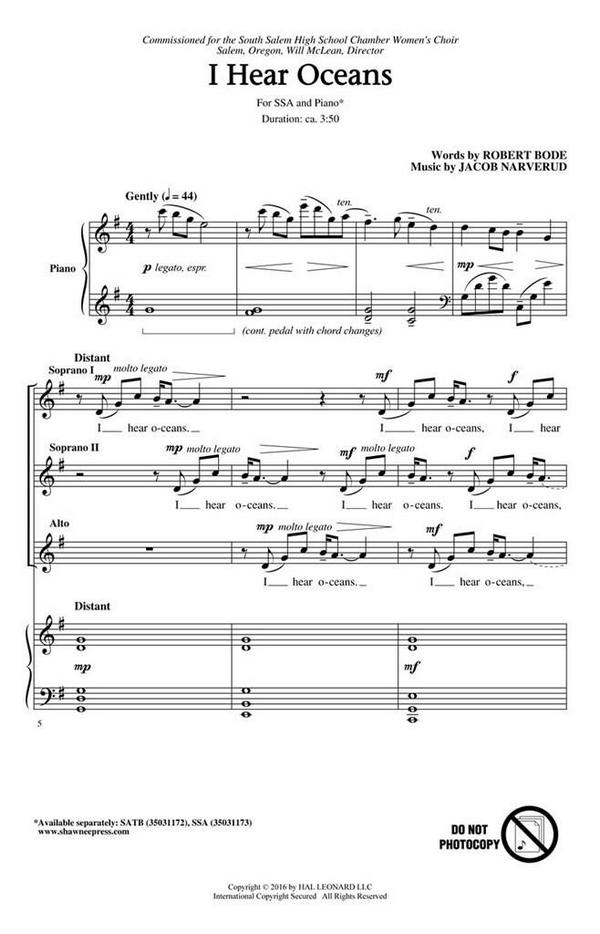 Jacob Narverud, I Hear Oceans&nbsp;&nbsp;SSA&nbsp;&nbsp;Chorpartitur