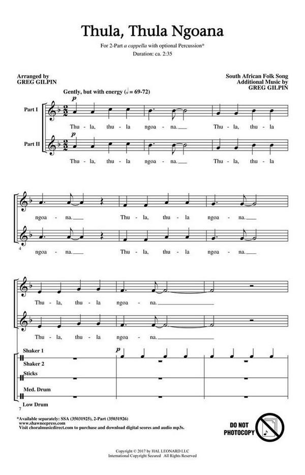 Greg Gilpin, Thula, Thula Ngoana&nbsp;&nbsp;2-Part Choir&nbsp;&nbsp;Chorpartitur