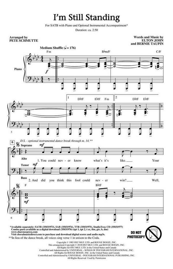 I'm Still Standing&nbsp;&nbsp;for mixed choir and piano&nbsp;&nbsp;choral score