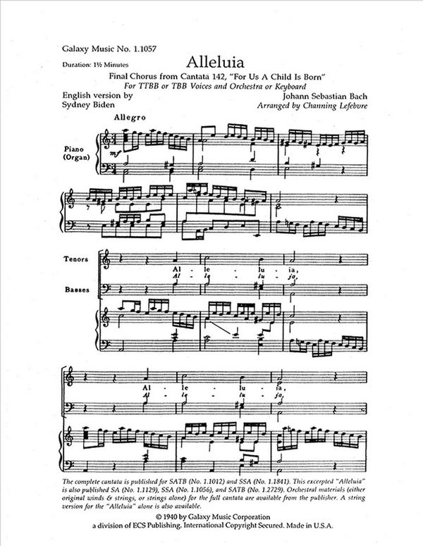 Johann Sebastian Bach, For Us a Child is Born: Alleluia!&nbsp;&nbsp;TBB or TTBB Keyboard [Organ or Piano] or Orchestra&nbsp;&nbsp;Stimme