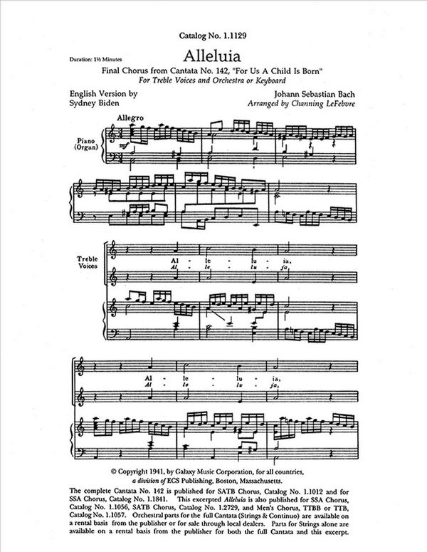 Johann Sebastian Bach, For Us a Child is Born: Alleluia!&nbsp;&nbsp;2-part Treble Voices [SA Children or Women], Keyboard or Orchestra&nbsp;&nbsp;Stimme