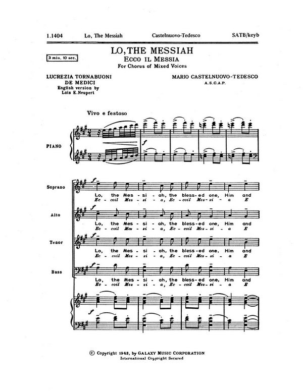 Mario Castelnuovo-Tedesco, The Lo Messiah&nbsp;&nbsp;SATB and Piano&nbsp;&nbsp;Stimme