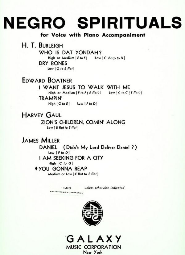 James Miller, You Gonna Reap&nbsp;&nbsp;Low Voice and Piano&nbsp;&nbsp;Buch