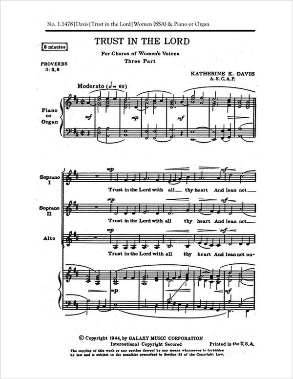 Katherine K. Davis, Trust in the Lord&nbsp;&nbsp;SSA , Keyboard [Organ or Piano]&nbsp;&nbsp;Stimme