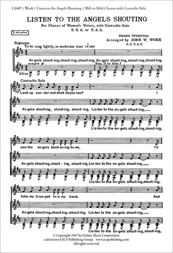 Listen to the Angels Shouting&nbsp;&nbsp;Alto Solo and SSA or SAA a Cappella&nbsp;&nbsp;Stimme
