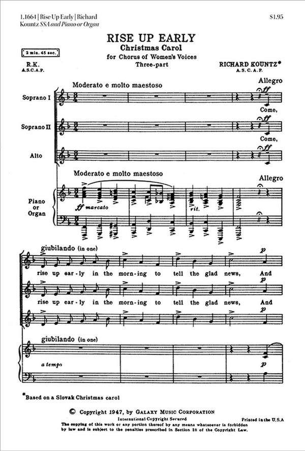 Richard Kountz, Rise Up Early&nbsp;&nbsp;SSA, Keyboard [Organ or Piano]&nbsp;&nbsp;Stimme