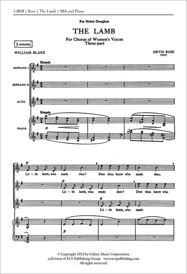 Orvis Ross, The Lamb&nbsp;&nbsp;SSA and Piano&nbsp;&nbsp;Stimme