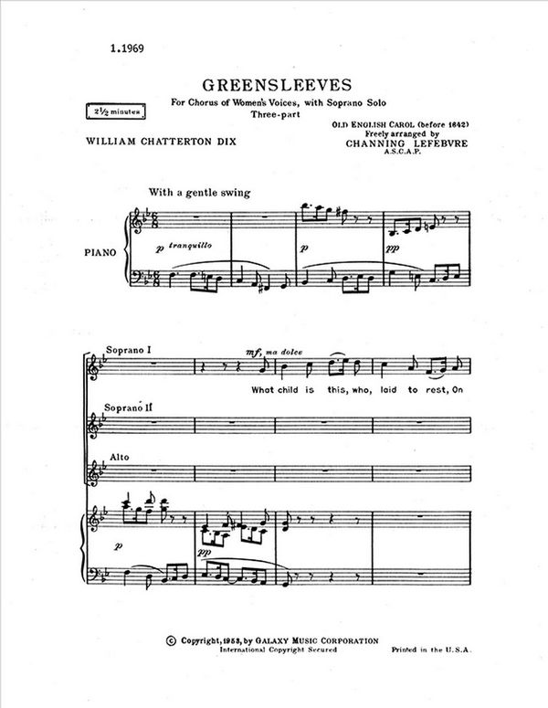 Greensleeves&nbsp;&nbsp;SSA, Soprano Solo a Cappella&nbsp;&nbsp;Stimme
