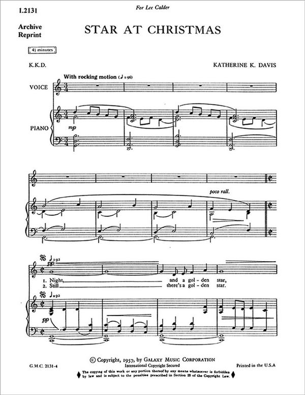 Katherine K. Davis, Star At Christmas&nbsp;&nbsp;Medium Voice and Piano&nbsp;&nbsp;Buch
