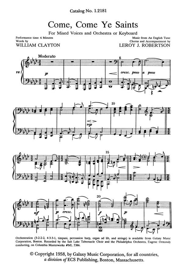 Leroy J. Robertson, Come, Come Ye Saints&nbsp;&nbsp;SATB, Orchestra or Piano&nbsp;&nbsp;Stimme