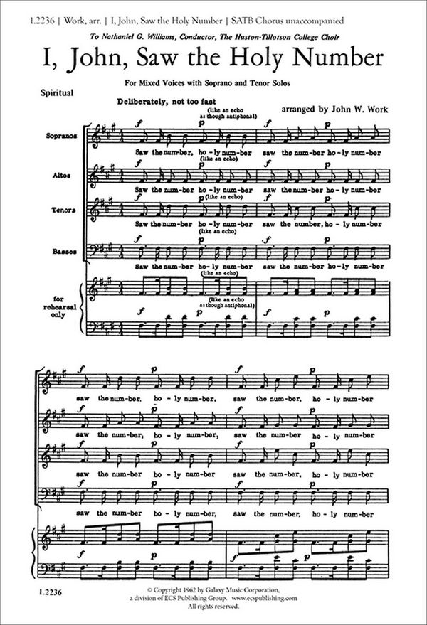 John Wesley Work, I, John, Saw the Holy Number&nbsp;&nbsp;SATB, Solo S,B&nbsp;&nbsp;Stimme