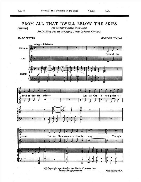 Gordon Young, From All That Dwell Below the Skies&nbsp;&nbsp;SSA and Organ&nbsp;&nbsp;Stimme