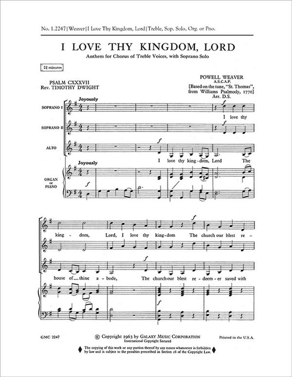Powell Weaver, I Love Thy Kingdom, Lord&nbsp;&nbsp;Soprano Solo, SSA [Women or Children],, Keyboard [Organ or Piano]&nbsp;&nbsp;Stimme