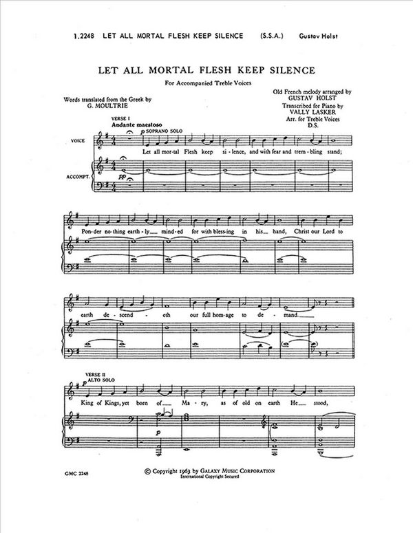 Gustav Holst, Let All Mortal Flesh Keep Silence&nbsp;&nbsp;SSAA, Keyboard or Orch or Brass Quintet, Perc. and Keyboard&nbsp;&nbsp;Chorpartitur