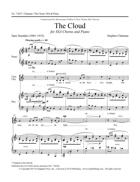 Stephen Chatman, The Cloud&nbsp;&nbsp;SSA and Piano&nbsp;&nbsp;Stimme