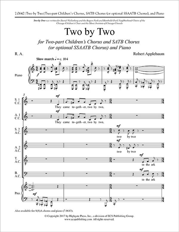Robert Applebaum, Two by Two&nbsp;&nbsp;Mixed Choir and Piano&nbsp;&nbsp;Chorpartitur