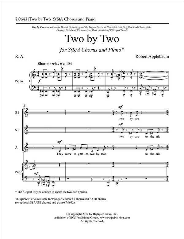 Robert Applebaum, Two by Two&nbsp;&nbsp;S[S]A and Piano&nbsp;&nbsp;Chorpartitur