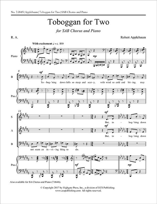 Robert Applebaum, Toboggan for Two&nbsp;&nbsp;SAB and Piano&nbsp;&nbsp;Chorpartitur