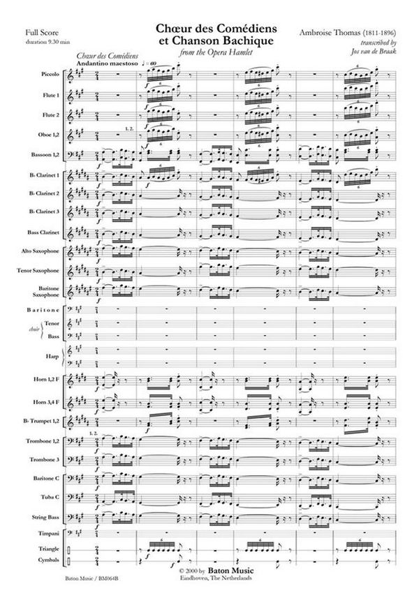 Ambroise Thomas, Choeur des Comédiens et Chanson Bachique  Baritone, Male Choir and Symphonic Band  Partitur + Stimmen
