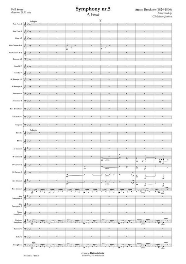 Anton Bruckner, Symphony nr. 5 B-flat major  Concert Band/Harmonie  Partitur + Stimmen