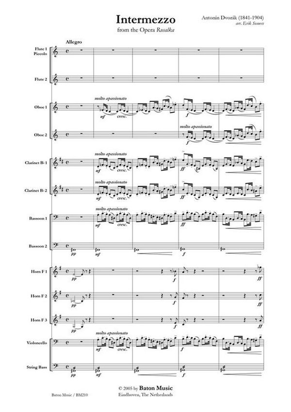 Antonín Dvorák, Intermezzo  Windensemble, Cello and Bass  Partitur + Stimmen