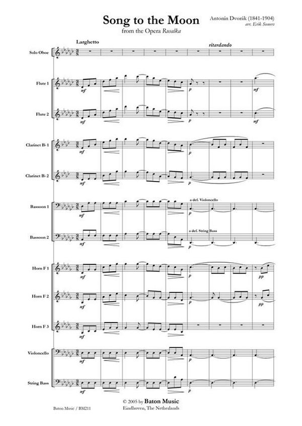 Antonín Dvorák, Song to the Moon  Windensemble, Cello and Bass  Partitur + Stimmen