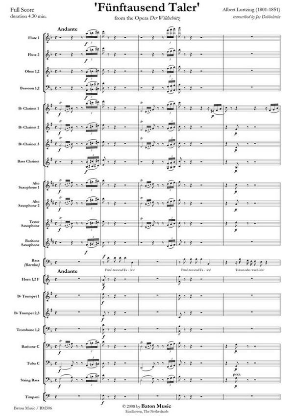 Albert Lortzing, Fünftausend Taler  Bass and Symphonic Band  Partitur + Stimmen
