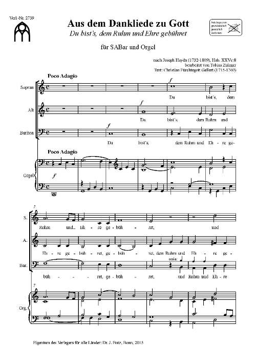 Haydn, Joseph, Du bist's, dem Ruhm und Ehre gebühret&nbsp;&nbsp;SABar und Orgel&nbsp;&nbsp;