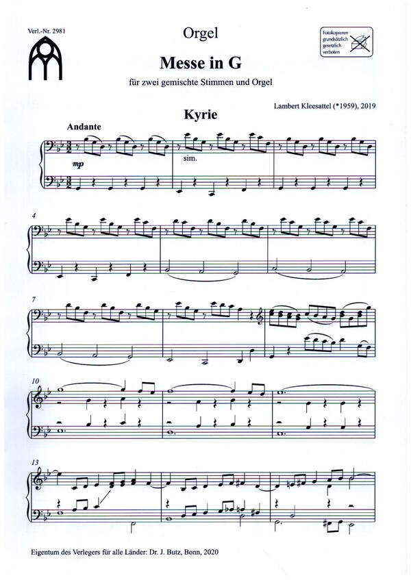 Messe in G&nbsp;&nbsp;für 2 gemischte Stimmen und Orgel&nbsp;&nbsp;Orgel