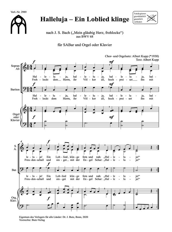 Halleluja - Ein Loblied klinge&nbsp;&nbsp;für gem Chor (SAB) und Orgel&nbsp;&nbsp;Chorpartitur