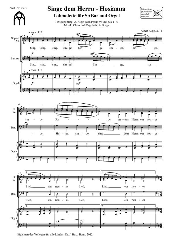 Kupp, Albert, Singe dem Herrn - Hosianna&nbsp;&nbsp;SABar + Orgel&nbsp;&nbsp;