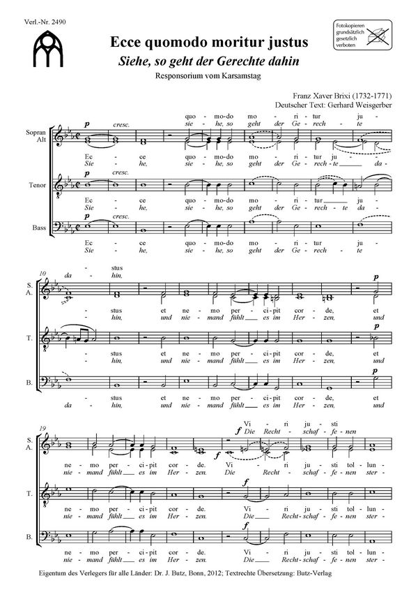 Brixi, Franz Xaver, Ecce quomodo moritur justus - Siehe, so geht der G&nbsp;&nbsp;SATB a cappella&nbsp;&nbsp;
