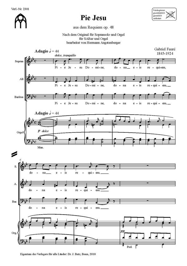Fauré, Gabriel, Pie Jesu&nbsp;&nbsp;SABar und Orgel&nbsp;&nbsp;