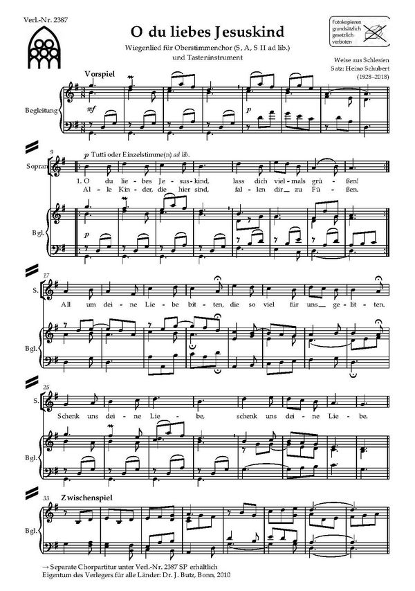 Schubert, Heino, O du liebes Jesuskind&nbsp;&nbsp;Oberstimmenchor (S I, A, S II ad lib.) und Tasteninstr.&nbsp;&nbsp;