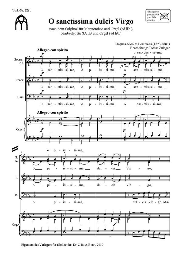 Jacques-Nicolas Lemmens, O sanctissima dulcis virgo&nbsp;&nbsp;SATB und Orgel ad lib.&nbsp;&nbsp;