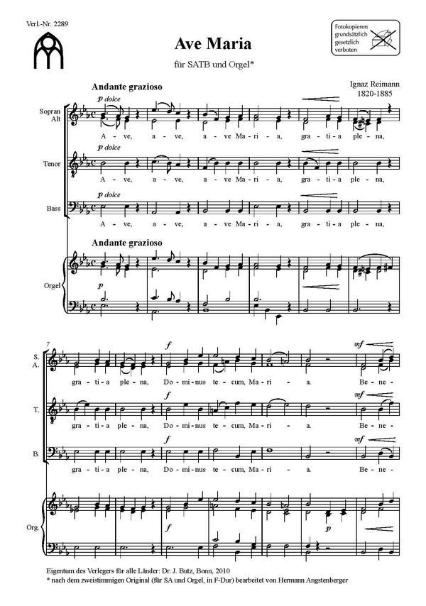 Ignaz Reimann, Ave Maria&nbsp;&nbsp;SATB und Orgel&nbsp;&nbsp;