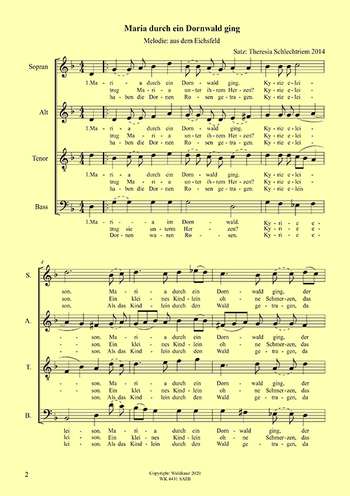 Theresia Schlechtriem, Maria durch ein Doirnwald ging SATB&nbsp;&nbsp;Ganz natürlich - Dreistimmige Chorsätze mit Akkordangaben&nbsp;&nbsp;
