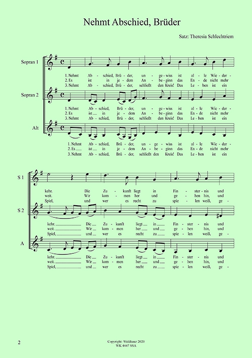 Theresia Schlechtriem, Nehmt Abschied, Brüder&nbsp;&nbsp;für SSA Chor&nbsp;&nbsp;