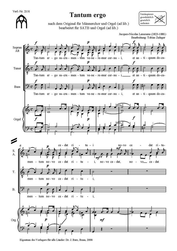 Lemmens, Jacques-Nicolas, Tantum ergo&nbsp;&nbsp;SATB und Orgel&nbsp;&nbsp;