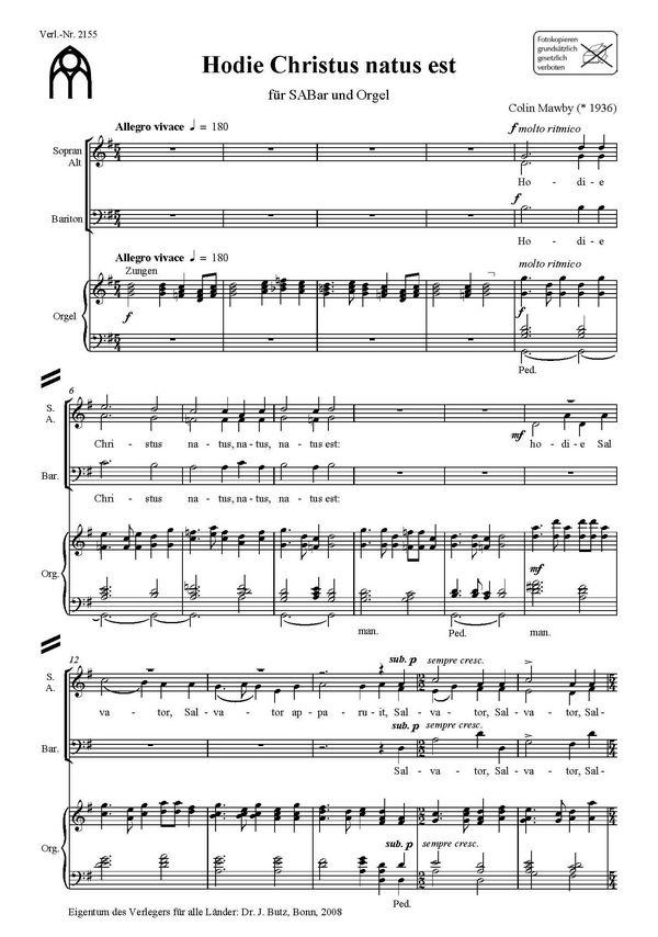 Hodie Christus natus est  für gem Chor SABar und Orgel  Partitur
