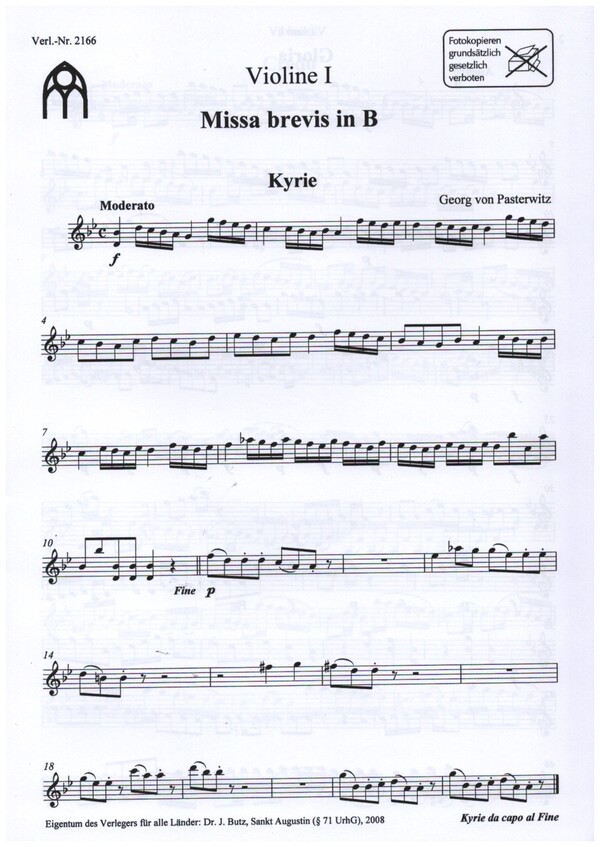 Missa brevis in B&nbsp;&nbsp;für Soli, gem Chor, 2 Violinen, Violoncello und Orgel&nbsp;&nbsp;Stimmenset