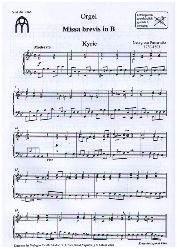 Missa brevis in B&nbsp;&nbsp;für Soli, gem Chor, 2 Violinen, Violoncello und Orgel&nbsp;&nbsp;Orgelstimme