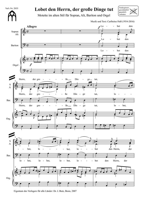 Hess, Carlheinz, Lobet den Herren&nbsp;&nbsp;SABar und Orgel&nbsp;&nbsp;