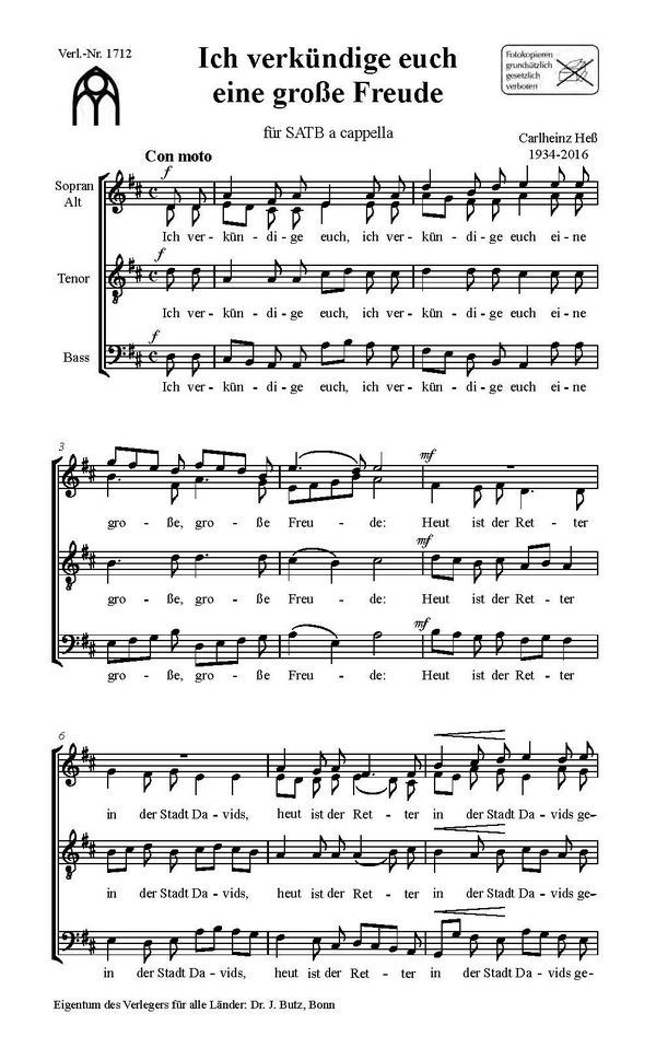 Hess, Carlheinz, Ich verkündige euch grosse Freude&nbsp;&nbsp;SATB&nbsp;&nbsp;