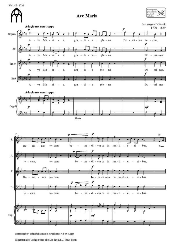 Vitásek, Jan August, Ave Maria&nbsp;&nbsp;SATB und Orgel&nbsp;&nbsp;