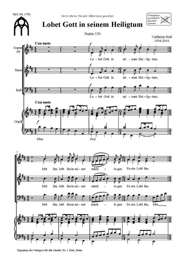 Hess, Carlheinz, Lobt Gott in seinem Heiligtum&nbsp;&nbsp;SATB und Orgel&nbsp;&nbsp;