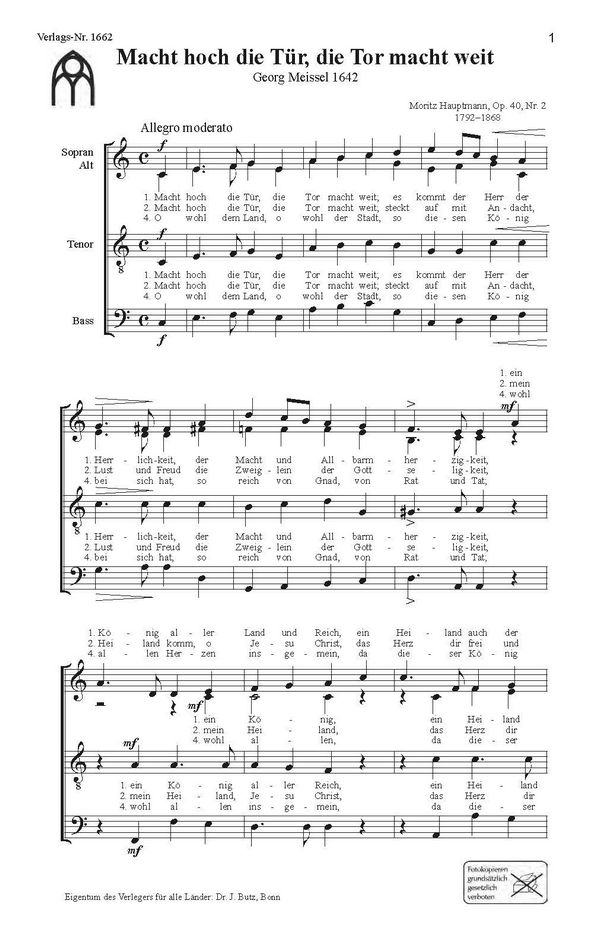 Hauptmann, Moritz, Macht hoch die Tür&nbsp;&nbsp;SATB&nbsp;&nbsp;